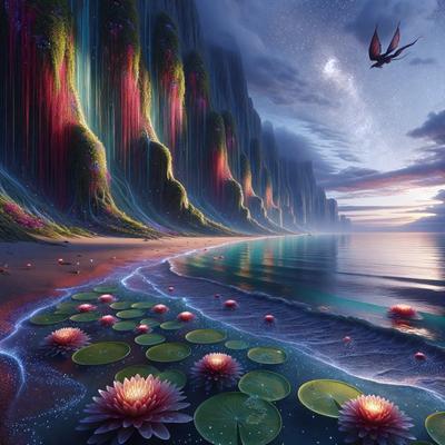 The primary subject of the image is a beautifully painted scene of a beach with a mountain range in the background. The setting is a serene ocean, and the visual style is a combination of digital art and illustration. The colors and mood of the image are vibrant and lively, with a focus on the vivid colors of the flowers and the lily pads. The overall atmosphere is one of tranquility and natural beauty.